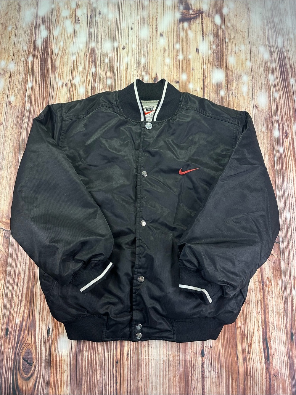VTG Nike Air Bomber Jacket Black Satin Snap Front Kids Size Large 14/16